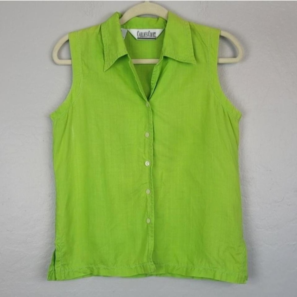 Carlie's Court Vintage Linen Lime Green Sleeveless Blouse Y2K 90s Size‎ 6